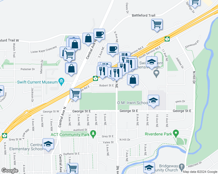 map of restaurants, bars, coffee shops, grocery stores, and more near 420 Begg Street East in Swift Current