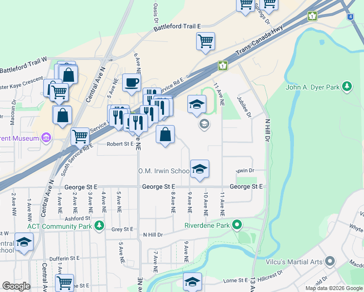 map of restaurants, bars, coffee shops, grocery stores, and more near 701 Robert Street East in Swift Current