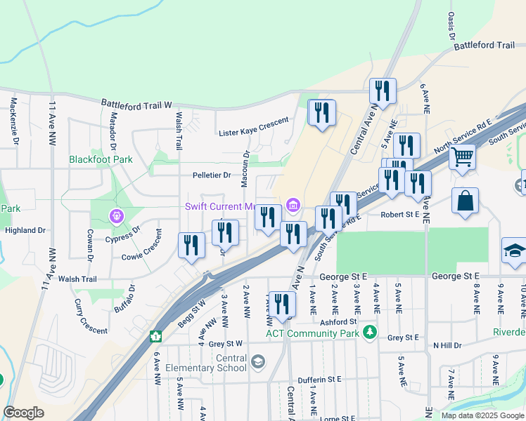 map of restaurants, bars, coffee shops, grocery stores, and more near 12 Robert Street West in Swift Current