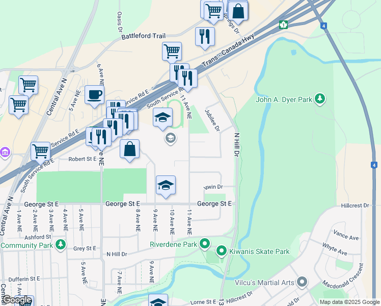 map of restaurants, bars, coffee shops, grocery stores, and more near 1101 Jubilee Drive in Swift Current