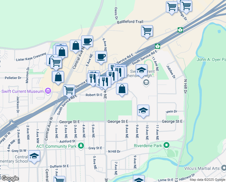 map of restaurants, bars, coffee shops, grocery stores, and more near 640 Robert Street East in Swift Current