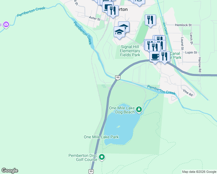 map of restaurants, bars, coffee shops, grocery stores, and more near 1400 Park Street in Pemberton