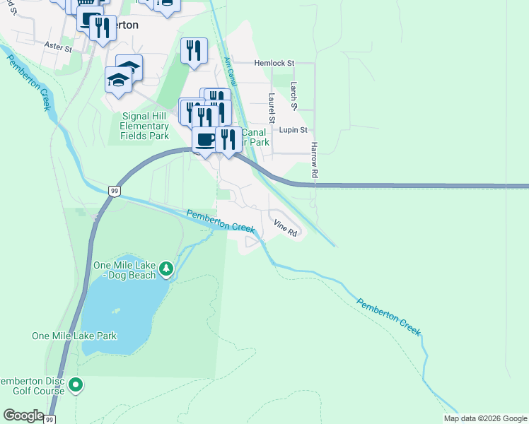 map of restaurants, bars, coffee shops, grocery stores, and more near 1450 Vine Road in Pemberton