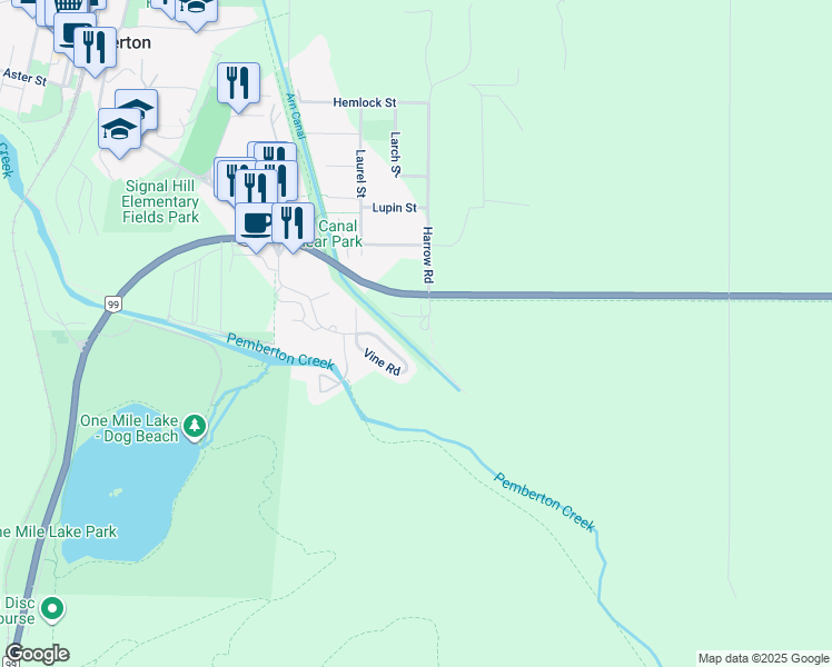 map of restaurants, bars, coffee shops, grocery stores, and more near 1490 British Columbia 99 in Pemberton