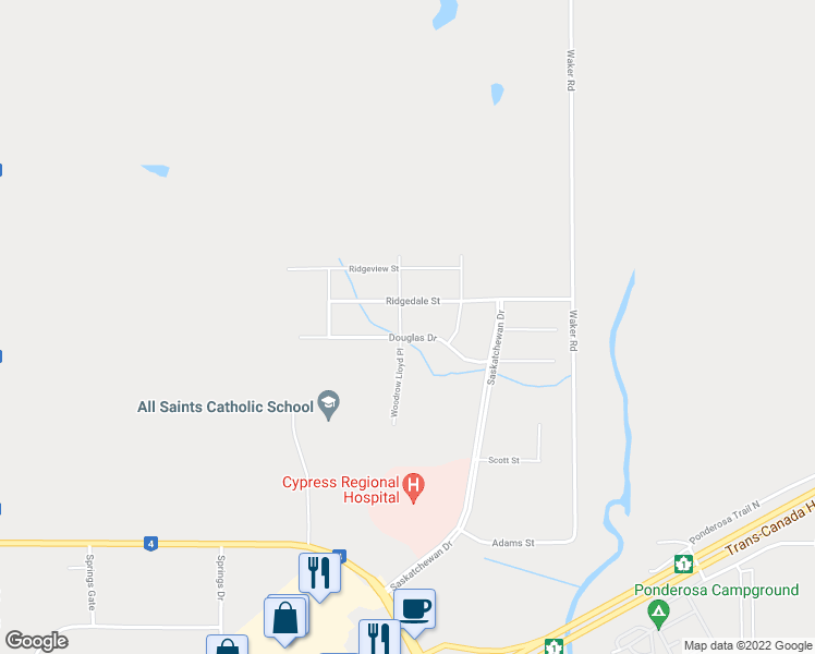 map of restaurants, bars, coffee shops, grocery stores, and more near 425 Douglas Drive in Swift Current