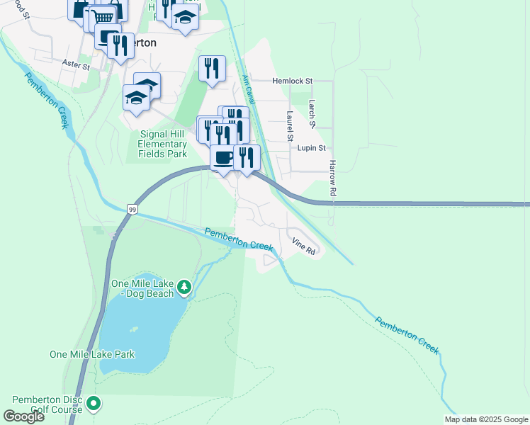 map of restaurants, bars, coffee shops, grocery stores, and more near 1447 Vine Road in Pemberton