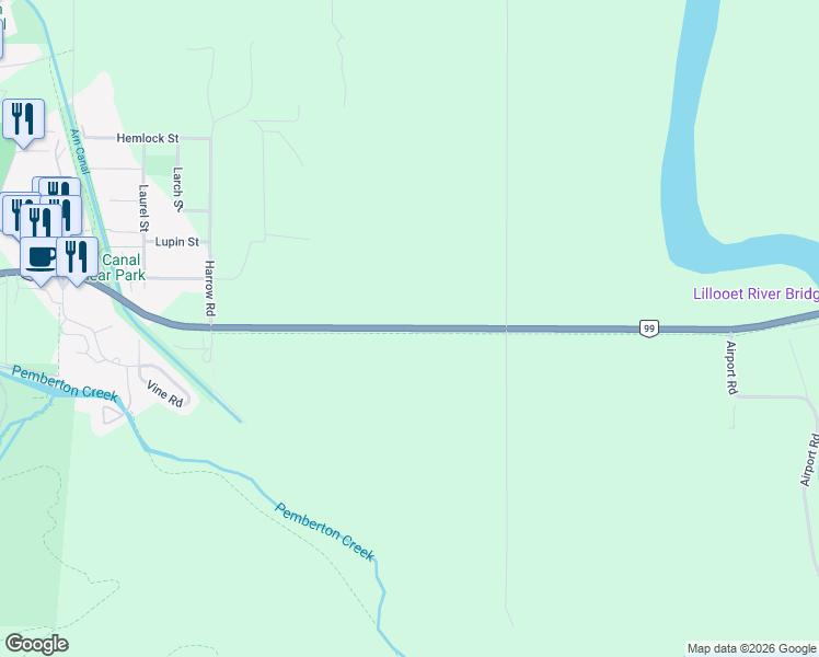 map of restaurants, bars, coffee shops, grocery stores, and more near 1533 Pemberton Portage Road in Pemberton