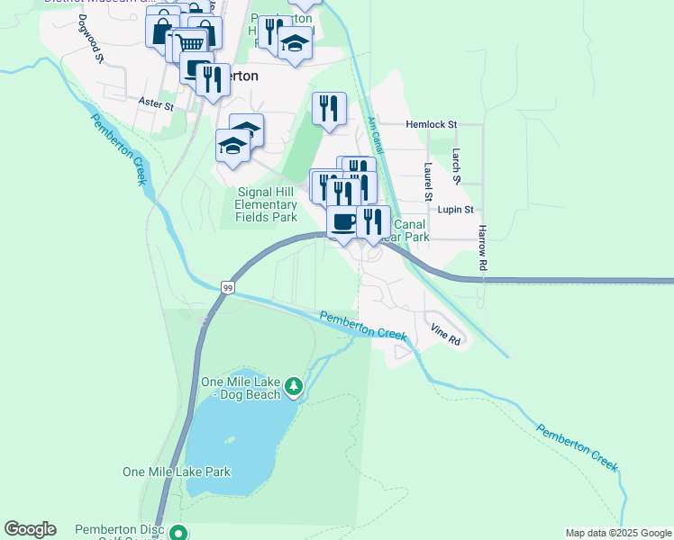 map of restaurants, bars, coffee shops, grocery stores, and more near 7374 British Columbia 99 in Pemberton