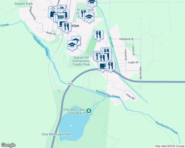 map of restaurants, bars, coffee shops, grocery stores, and more near 7370 British Columbia 99 in Pemberton