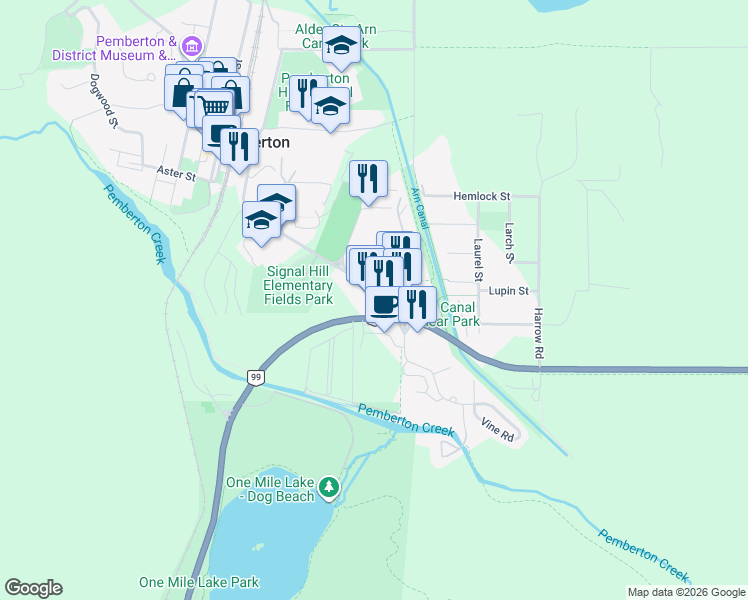 map of restaurants, bars, coffee shops, grocery stores, and more near 106-1436 Pemberton Portage Road in Pemberton