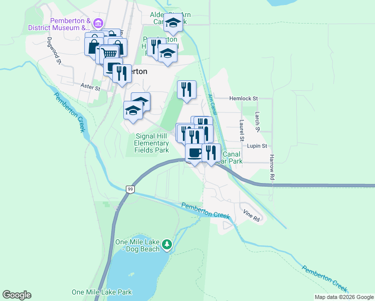 map of restaurants, bars, coffee shops, grocery stores, and more near 106-1436 Pemberton Portage Road in Pemberton