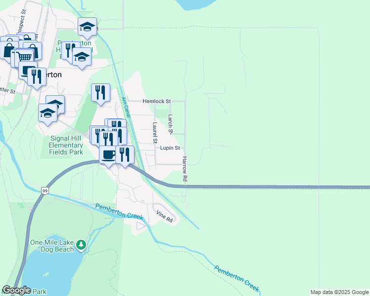 map of restaurants, bars, coffee shops, grocery stores, and more near Harrow Road in Pemberton