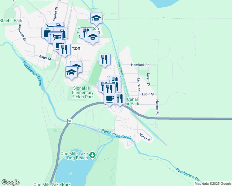 map of restaurants, bars, coffee shops, grocery stores, and more near 7330 Arbutus Street in Pemberton