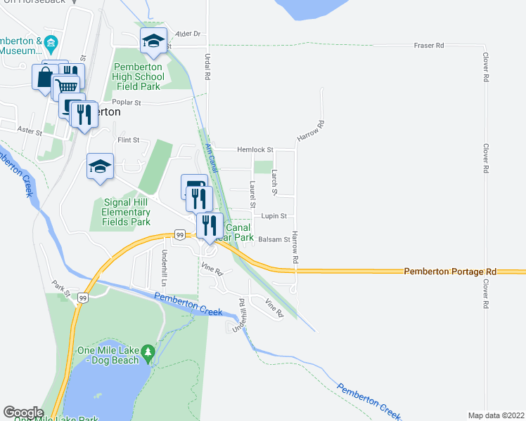 map of restaurants, bars, coffee shops, grocery stores, and more near 1479 Lupin Street in Pemberton