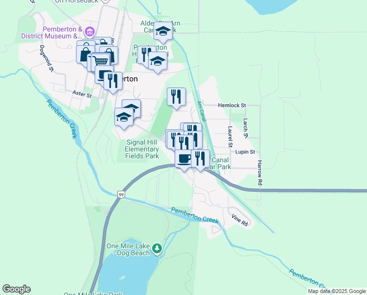 map of restaurants, bars, coffee shops, grocery stores, and more near in Pemberton
