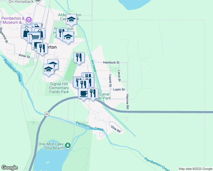 map of restaurants, bars, coffee shops, grocery stores, and more near 1470 Laurel Street in Pemberton