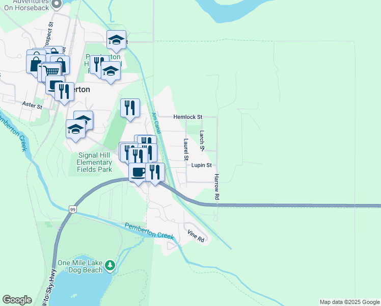 map of restaurants, bars, coffee shops, grocery stores, and more near 7386 Laurel Street in Pemberton