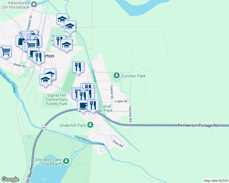 map of restaurants, bars, coffee shops, grocery stores, and more near 7388 Laurel Street in Pemberton