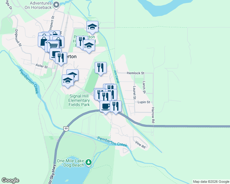 map of restaurants, bars, coffee shops, grocery stores, and more near 7360 Crabapple Court in Pemberton