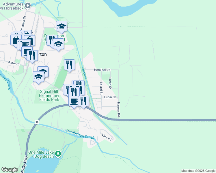 map of restaurants, bars, coffee shops, grocery stores, and more near 7391 Larch Street in Pemberton