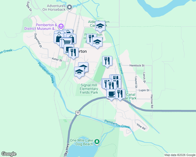 map of restaurants, bars, coffee shops, grocery stores, and more near 7405 Cottonwood Street in Pemberton
