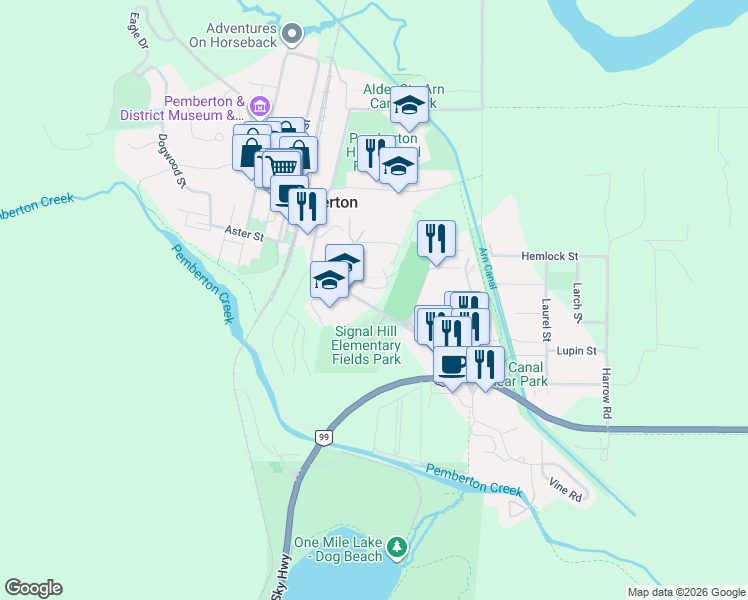 map of restaurants, bars, coffee shops, grocery stores, and more near 7405 Cottonwood Street in Pemberton