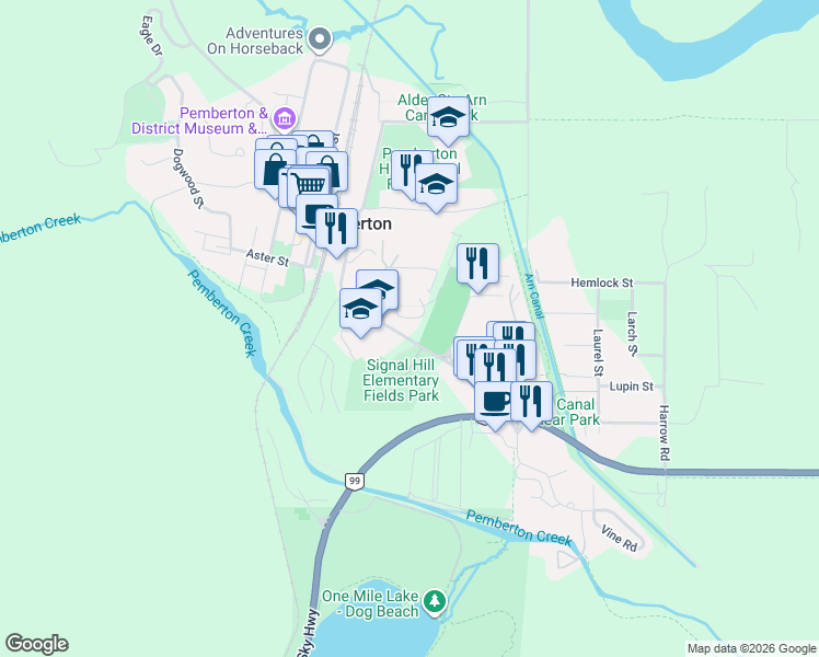 map of restaurants, bars, coffee shops, grocery stores, and more near 1411 Portage Road in Pemberton