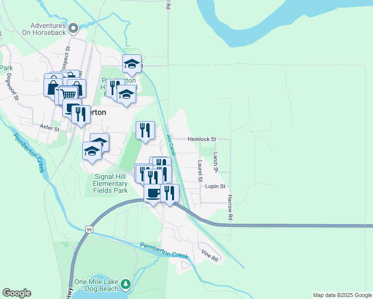 map of restaurants, bars, coffee shops, grocery stores, and more near 1469 Olive Street in Pemberton