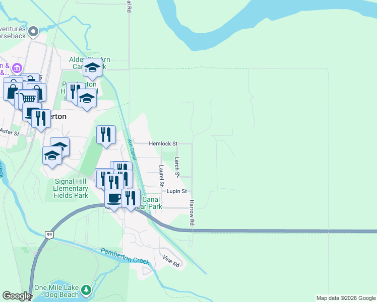 map of restaurants, bars, coffee shops, grocery stores, and more near 7407 Harrow Road in Pemberton