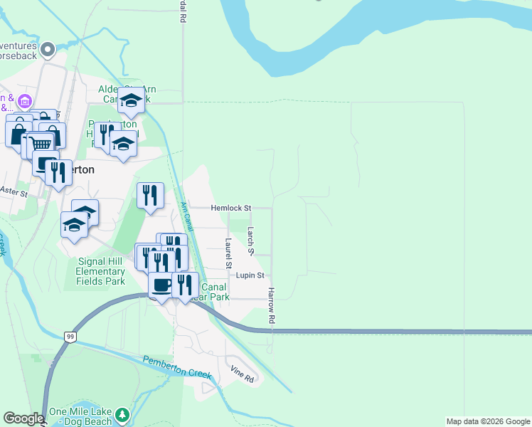 map of restaurants, bars, coffee shops, grocery stores, and more near 7407 Harrow Road in Pemberton