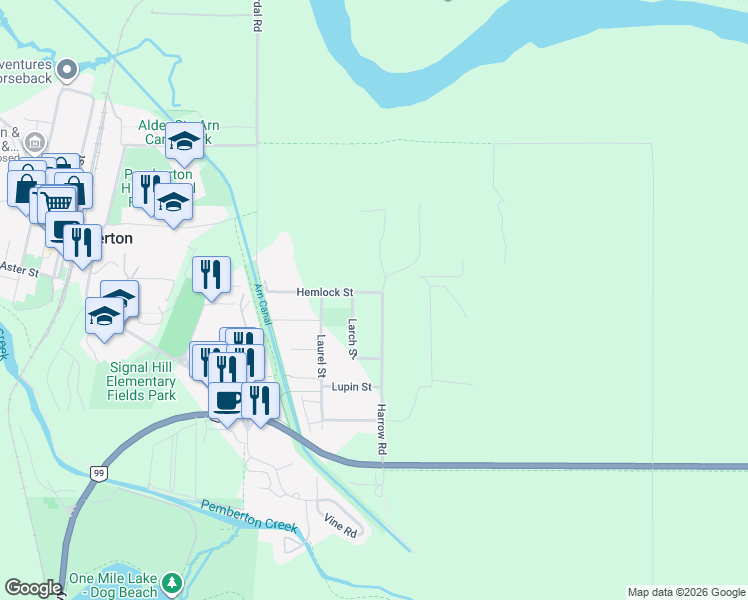 map of restaurants, bars, coffee shops, grocery stores, and more near 7407 Harrow Road in Pemberton