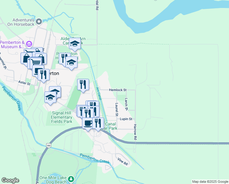 map of restaurants, bars, coffee shops, grocery stores, and more near 1474 Hemlock Street in Pemberton