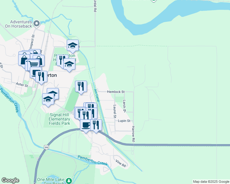map of restaurants, bars, coffee shops, grocery stores, and more near Hemlock Street in Pemberton