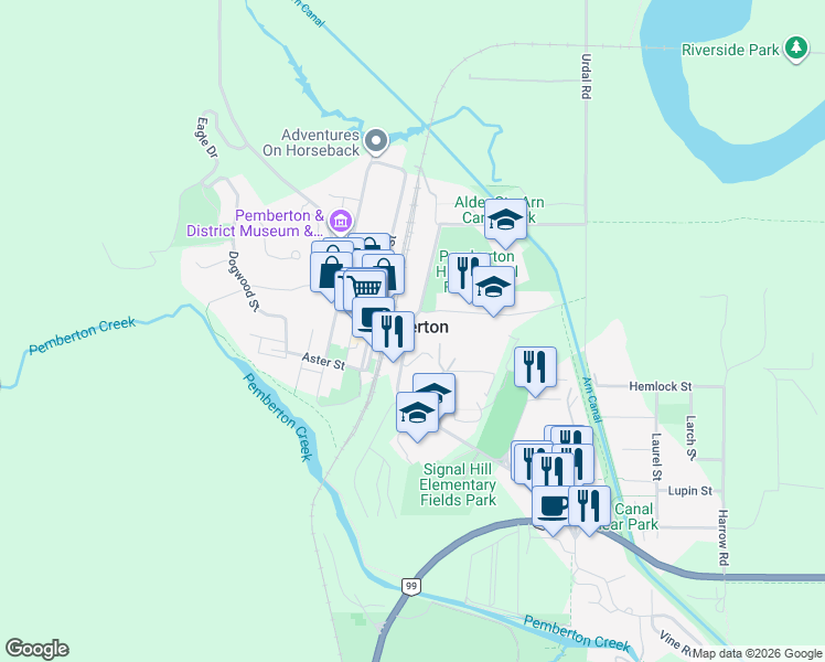 map of restaurants, bars, coffee shops, grocery stores, and more near in Pemberton