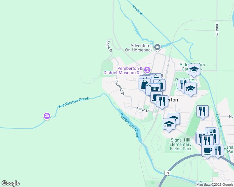 map of restaurants, bars, coffee shops, grocery stores, and more near 1350 Fernwood Drive in Pemberton