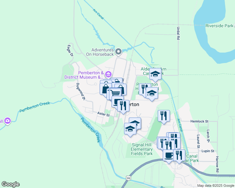 map of restaurants, bars, coffee shops, grocery stores, and more near 7445 Frontier Street in Pemberton