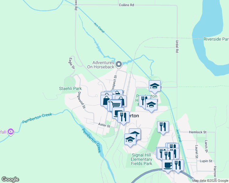map of restaurants, bars, coffee shops, grocery stores, and more near 7454 Prospect Street in Pemberton