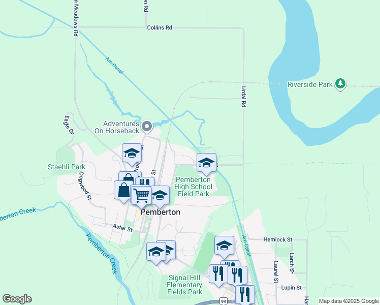 map of restaurants, bars, coffee shops, grocery stores, and more near 1425 Willow Drive in Pemberton