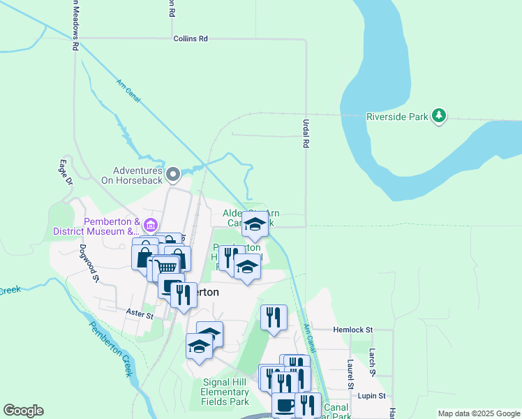 map of restaurants, bars, coffee shops, grocery stores, and more near 1430 Alder Drive in Pemberton