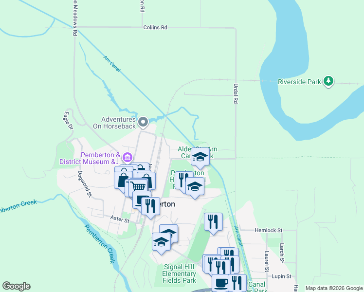 map of restaurants, bars, coffee shops, grocery stores, and more near 1423 Willow Drive in Pemberton