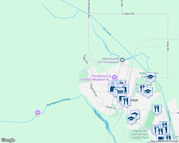 map of restaurants, bars, coffee shops, grocery stores, and more near 7465 Dogwood Street in Pemberton