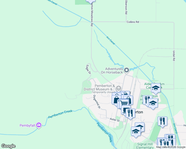 map of restaurants, bars, coffee shops, grocery stores, and more near 1307 Eagle Drive in Pemberton
