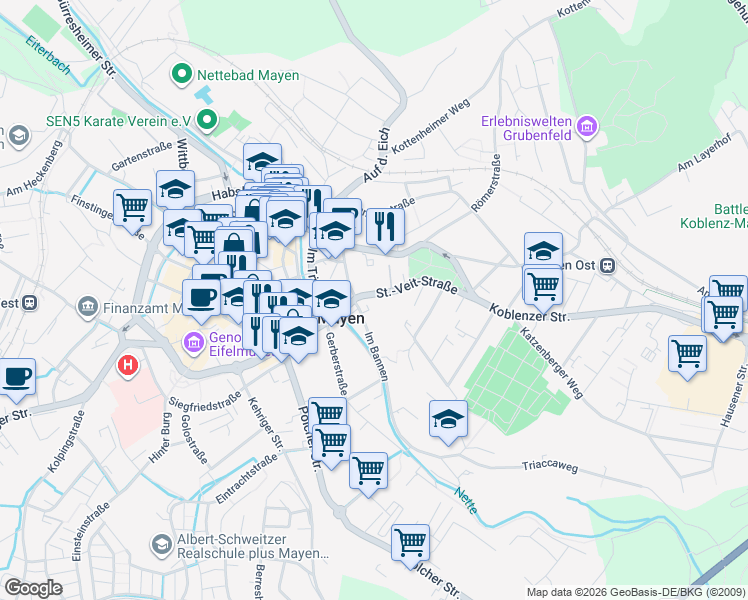 map of restaurants, bars, coffee shops, grocery stores, and more near 22 St.-Veit-Straße in Mayen