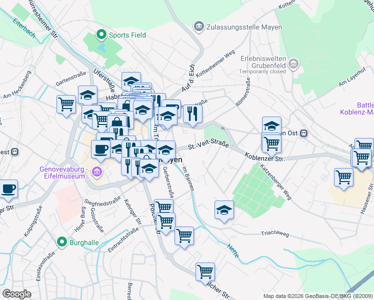 map of restaurants, bars, coffee shops, grocery stores, and more near 22 St.-Veit-Straße in Mayen