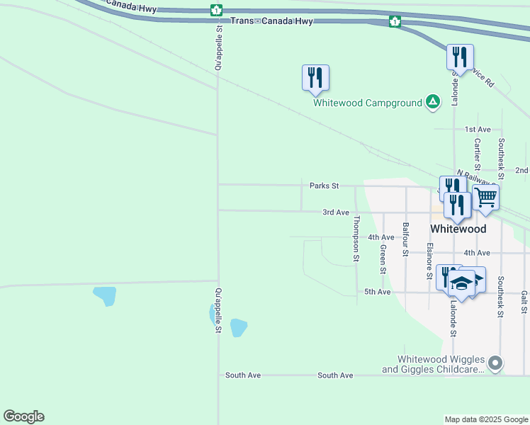 map of restaurants, bars, coffee shops, grocery stores, and more near 137 Parks Street in Whitewood
