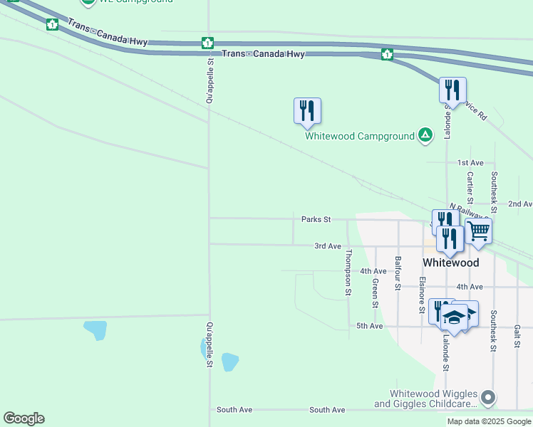 map of restaurants, bars, coffee shops, grocery stores, and more near 137 Parks Street in Whitewood