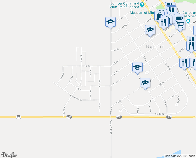 map of restaurants, bars, coffee shops, grocery stores, and more near 2107 27 Avenue in Nanton