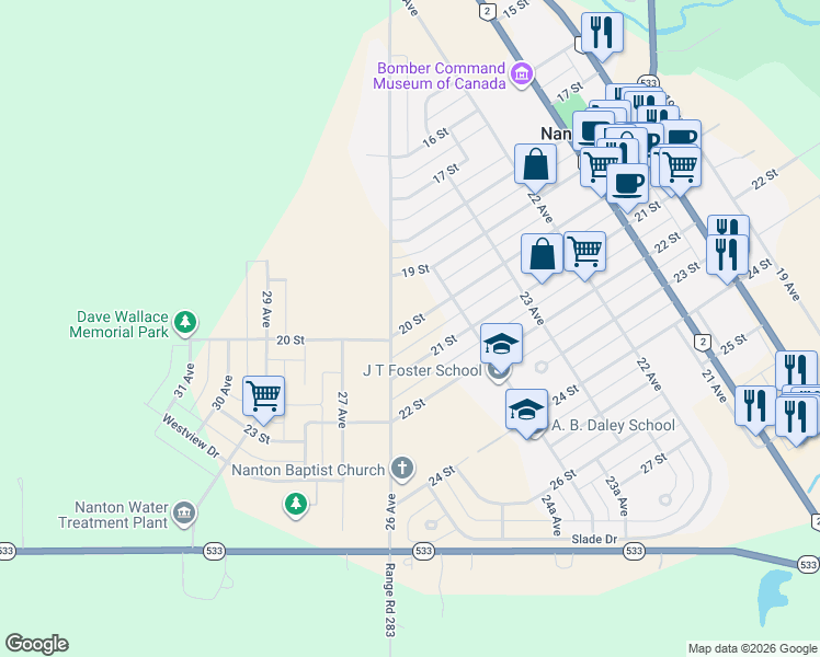 map of restaurants, bars, coffee shops, grocery stores, and more near 2513 20 Street in Nanton