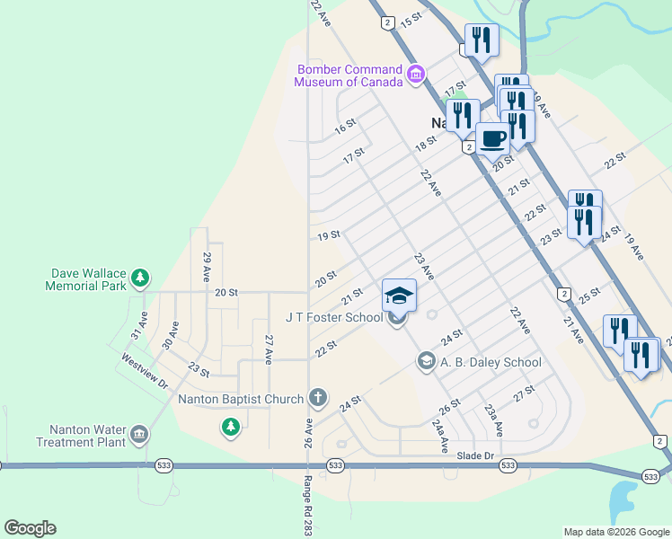 map of restaurants, bars, coffee shops, grocery stores, and more near 2513 20 Street in Nanton