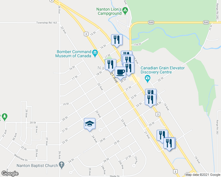 map of restaurants, bars, coffee shops, grocery stores, and more near 2214 20 Street in Nanton
